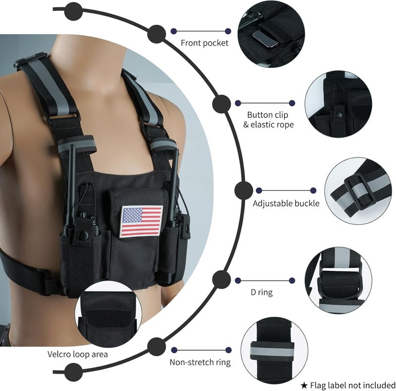 KUNN Radio Harness with Reflective Straps, Micro Rig Harness Chest Pack Tactical Vest Radio Holster Bag - Image 3